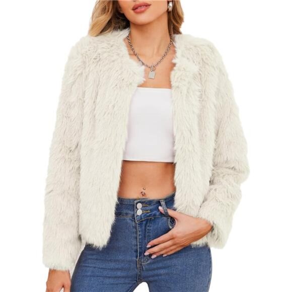 Faux Fur Coats for Women - Cropped Faux Fur Jacket Beige - Picture 1 of 3